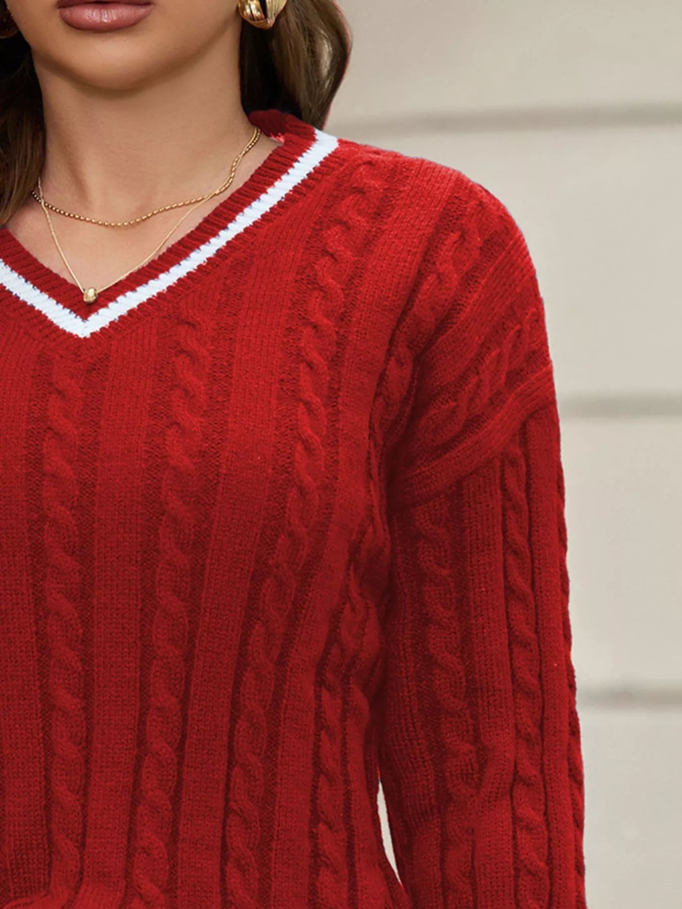 Classic Cable Knit V-Neck Sweater 