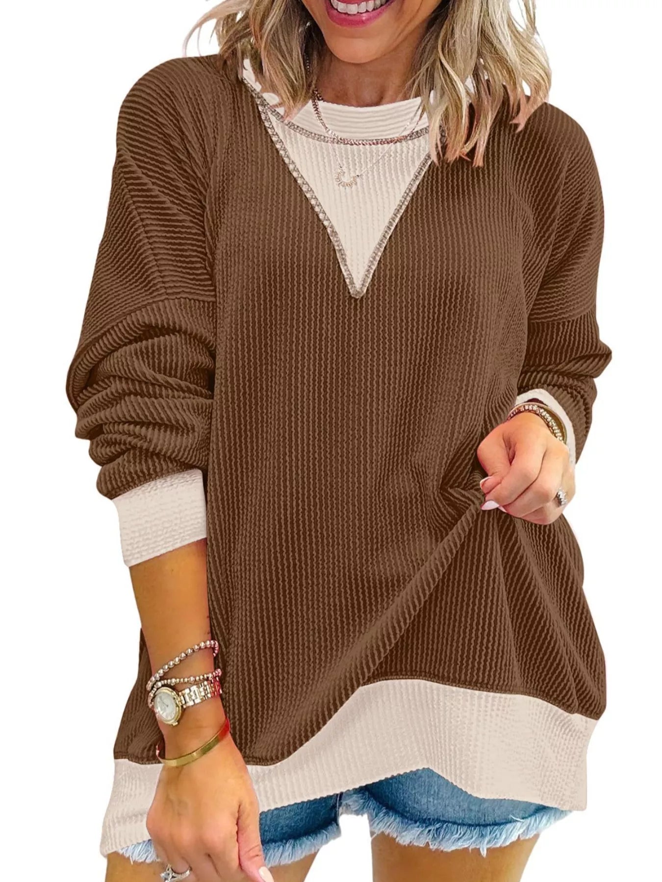 Two-Tone Ribbed Knit Sweatshirt 