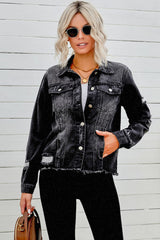 Distressed Raw Hem Denim Jacket 