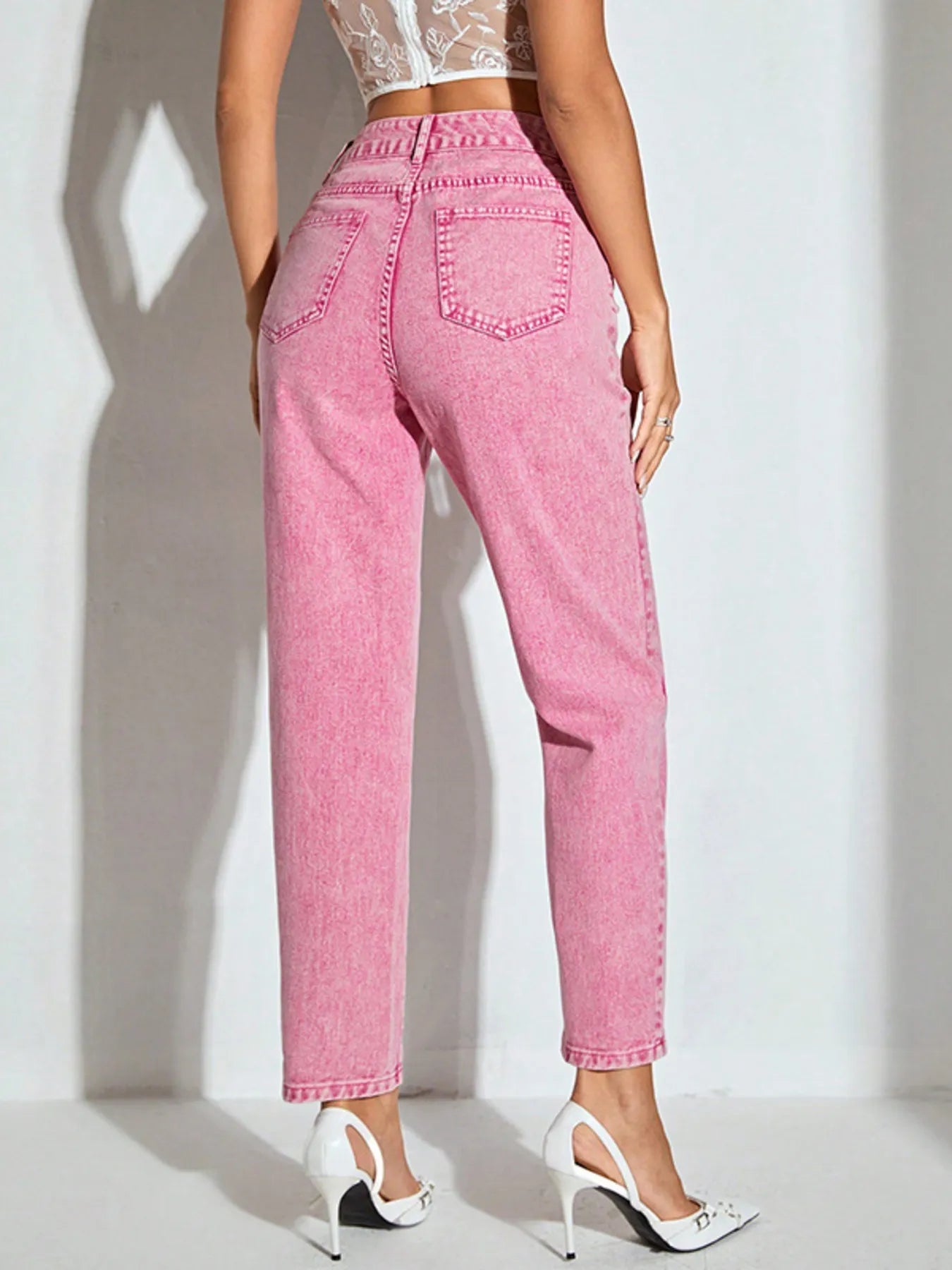 High-Waisted Wash Straight Leg Jeans 