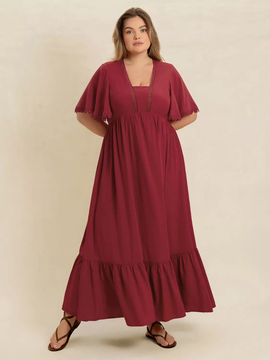 Plus Size Lace Detail Flutter Sleeve Maxi Dress 
