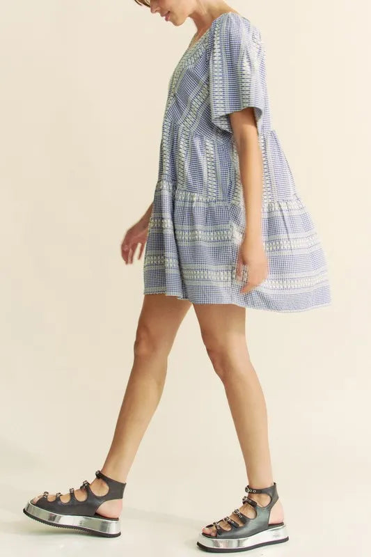 Davi & Dani Embroidered Stripe Ruffled Gingham Mini Dress 