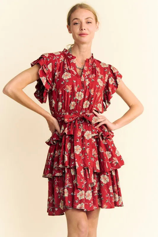 Davi & Dani Ruffle Flutter Sleeve Tie Belt Tiered Mini Dress 