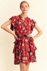 Davi & Dani Ruffle Flutter Sleeve Tie Belt Tiered Mini Dress 