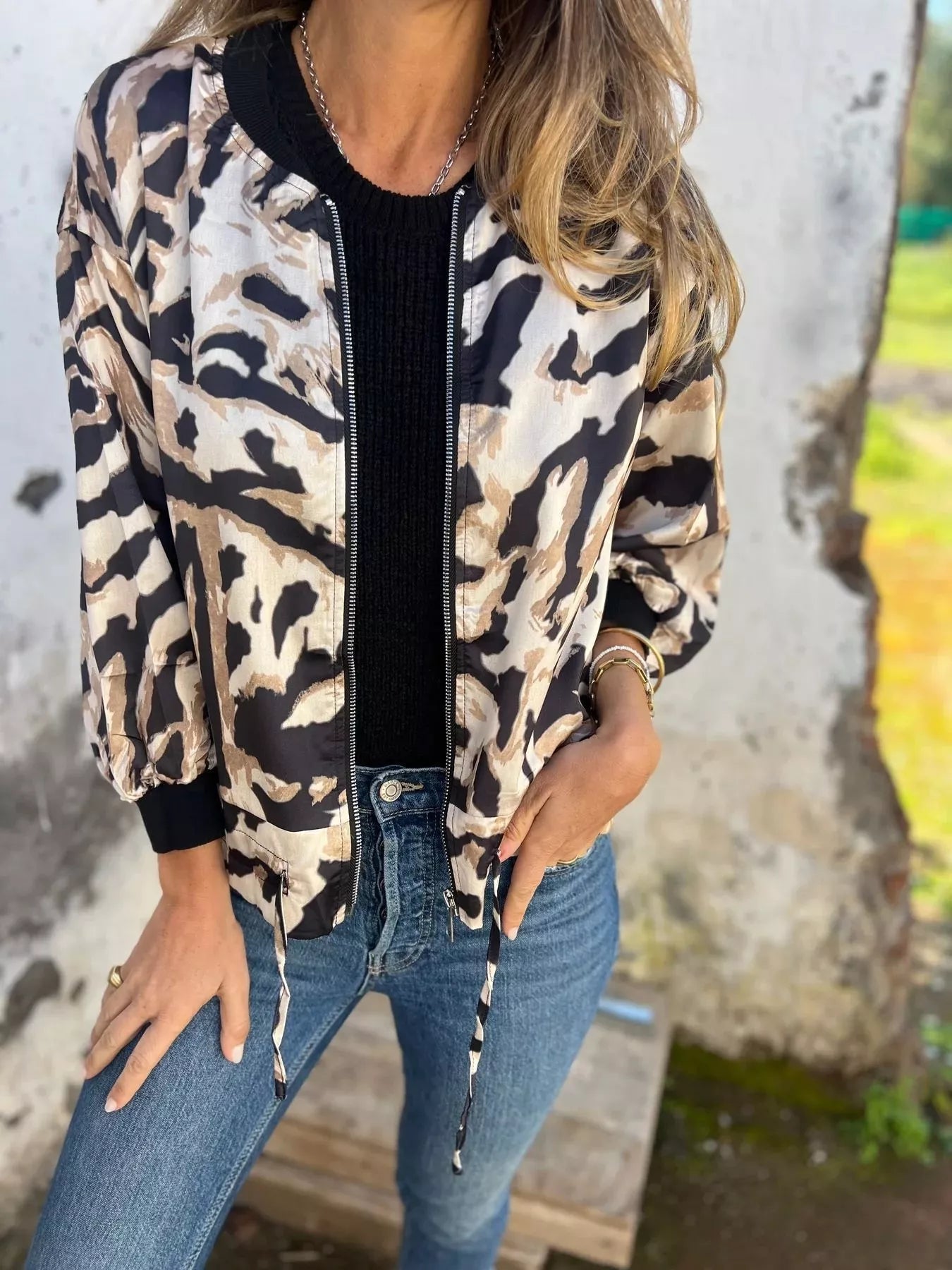 Full Size Zip Up Zebra Print Bomber Jacket Plus Size 