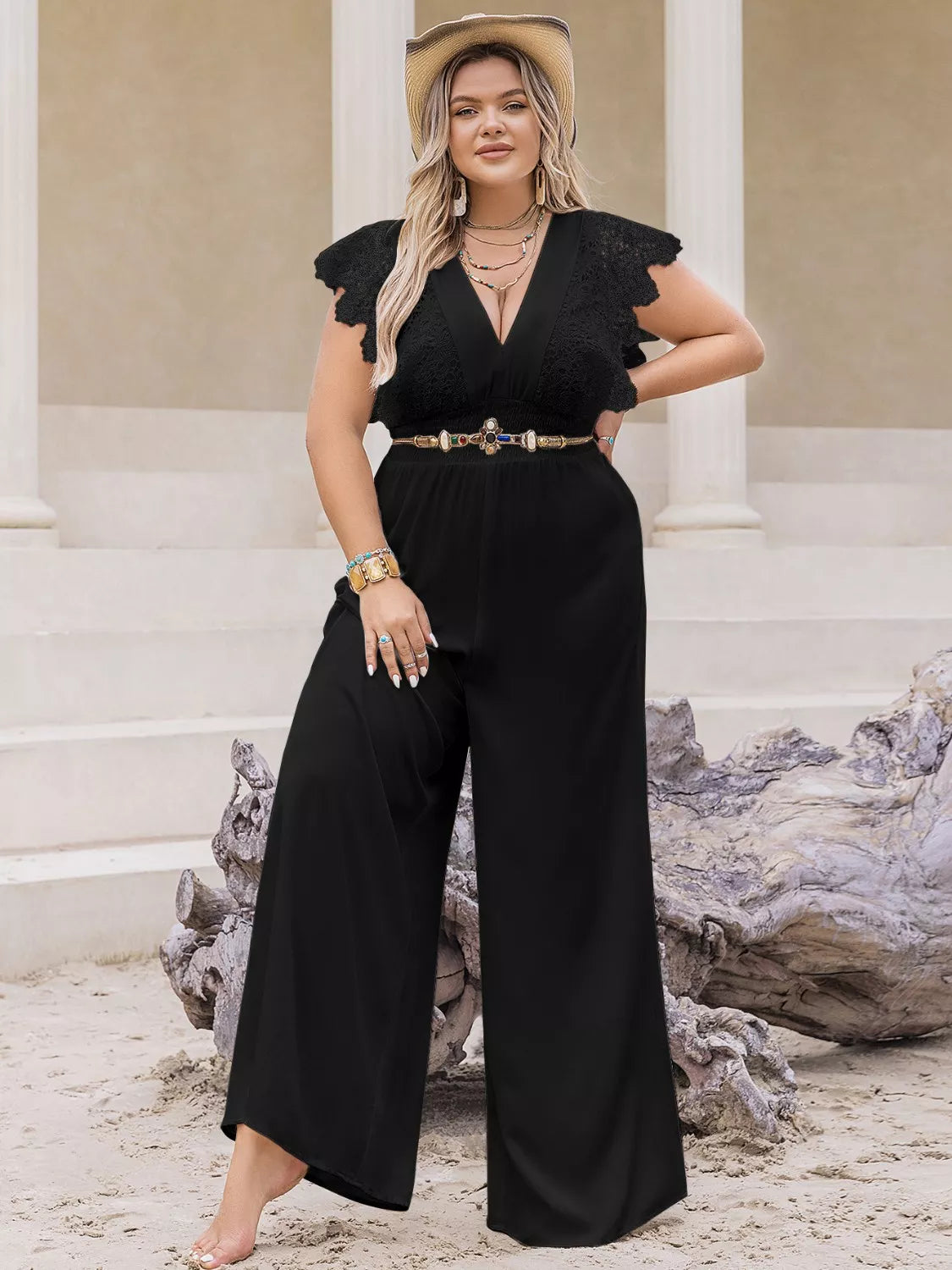 Plus Size Lace Cap Sleeve Wide Leg Jumpsuit 