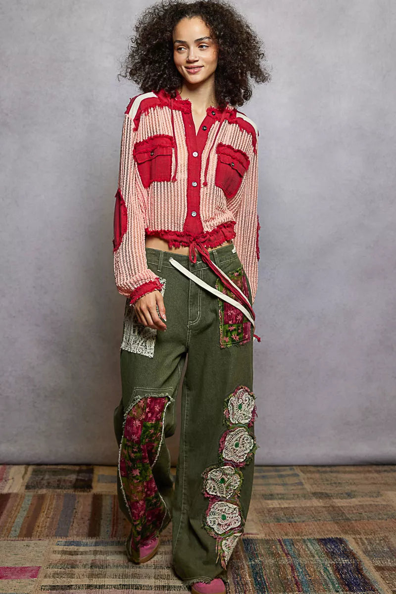 POL Texture Woven Button Down Hooded Shirt with Drawstring Hem 