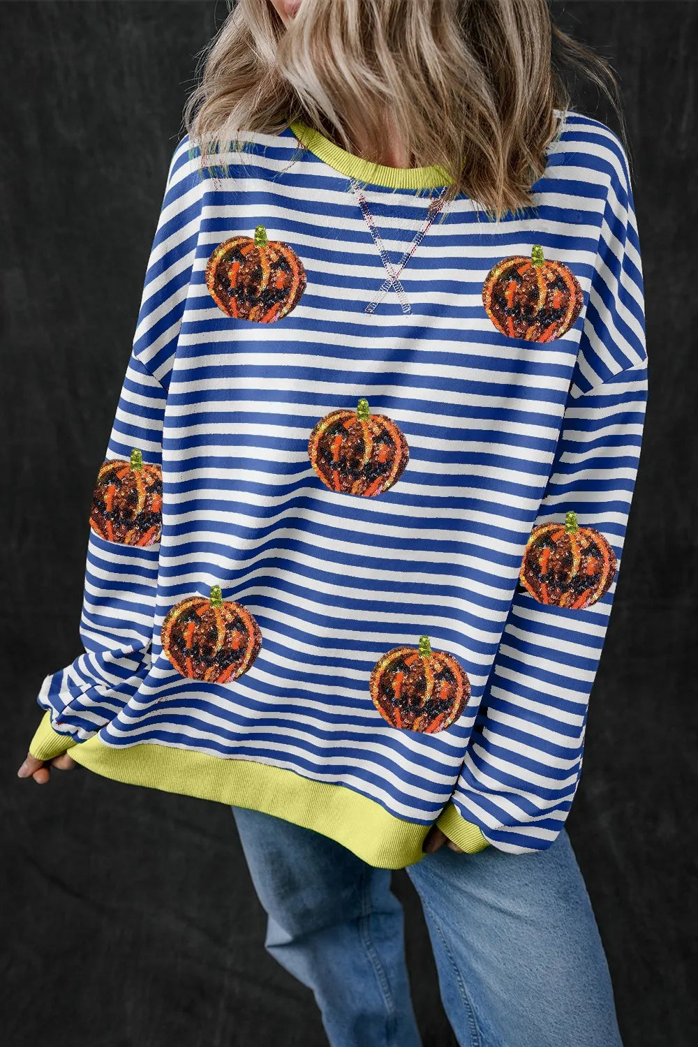 Pumpkin Striped Round Neck Long Sleeve Sweatshirt 
