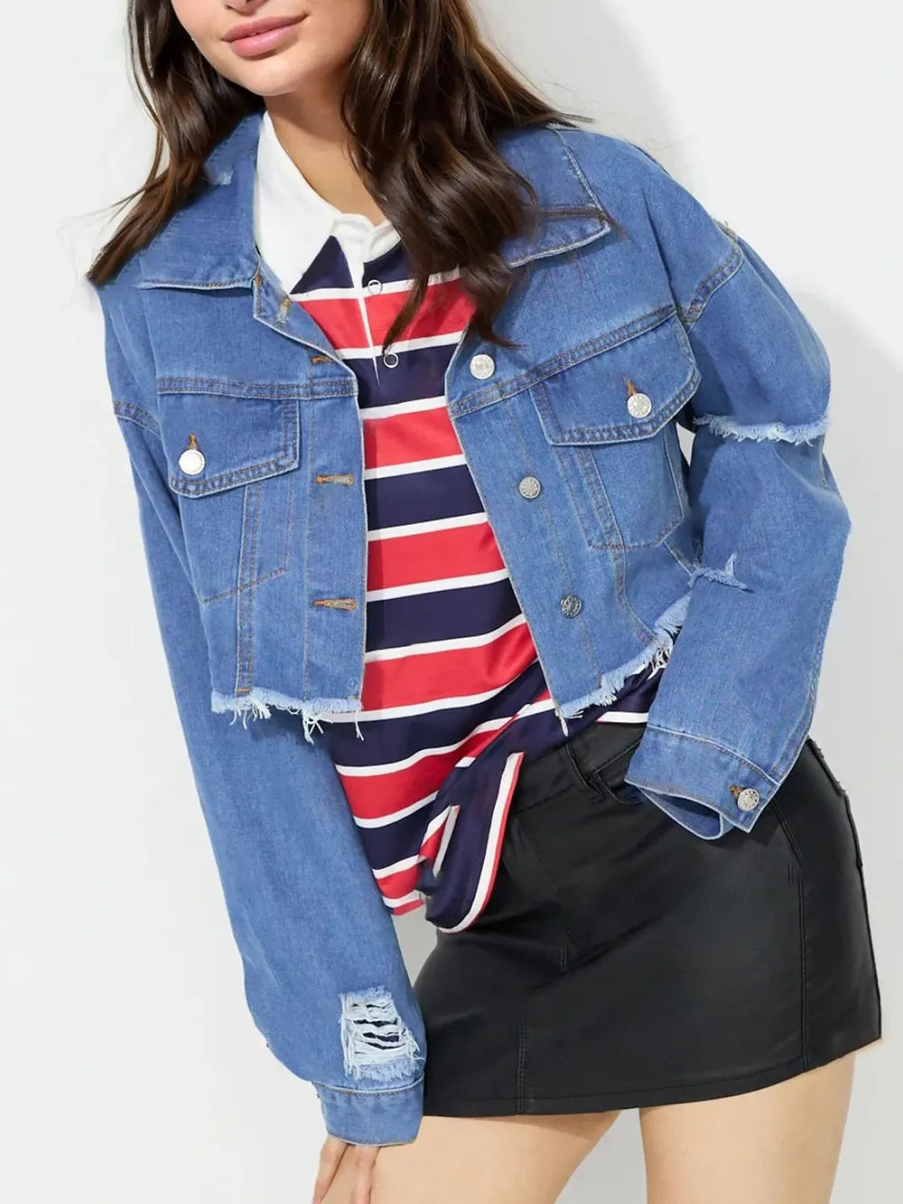 Raw Hem Collared Neck Cropped Denim Top 