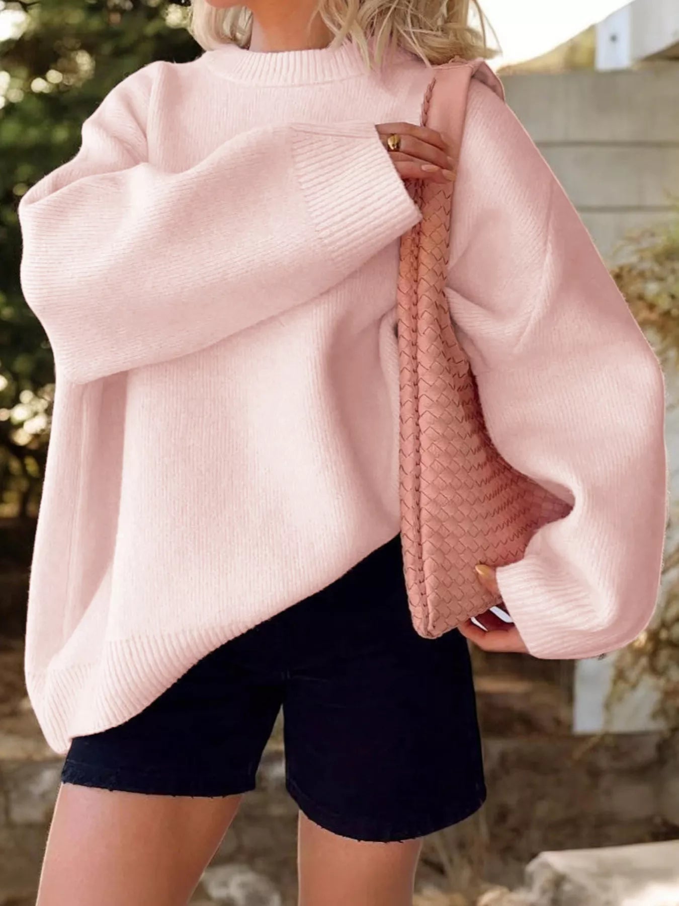 Ribbed Round Neck Dropped Shoulder Sweater 