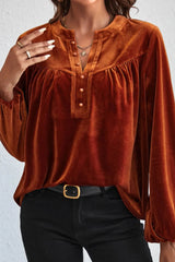 Notched Long Sleeve Velvet Top 
