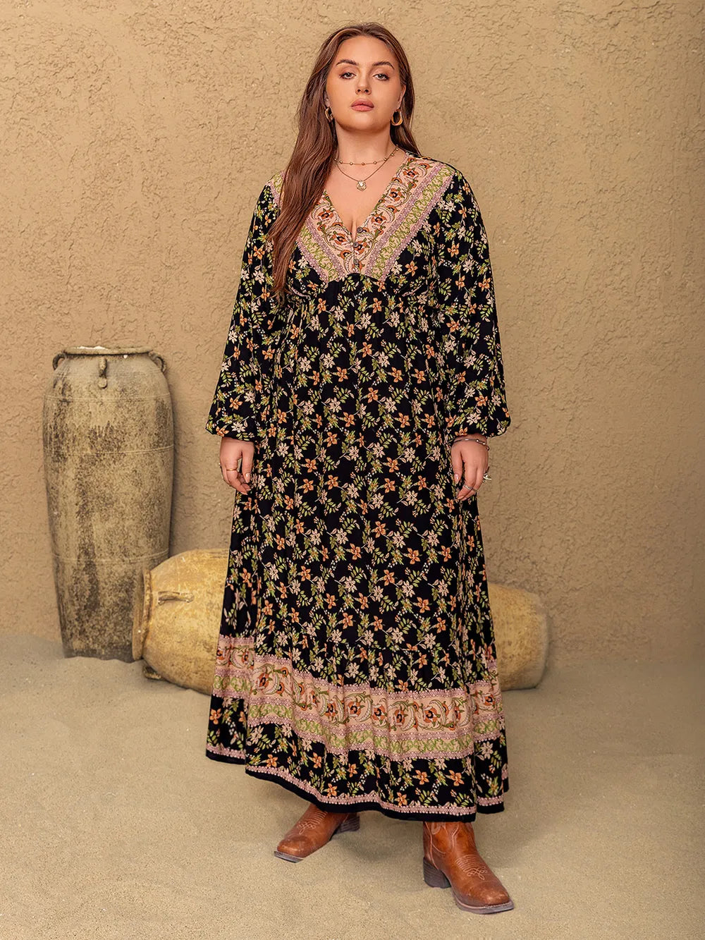 Plus Size Floral V-Neck Balloon Sleeve Dress 