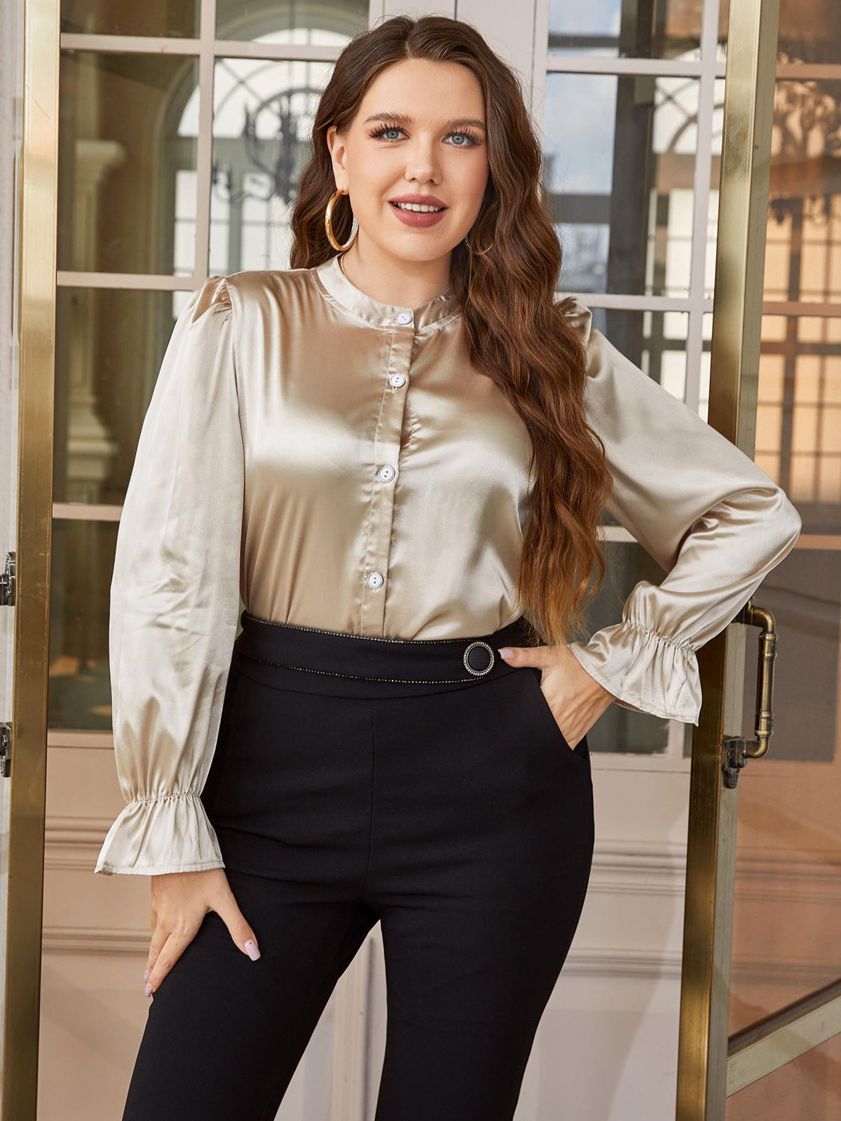 Plus Size Flounce Sleeve Band Collar Shirt 