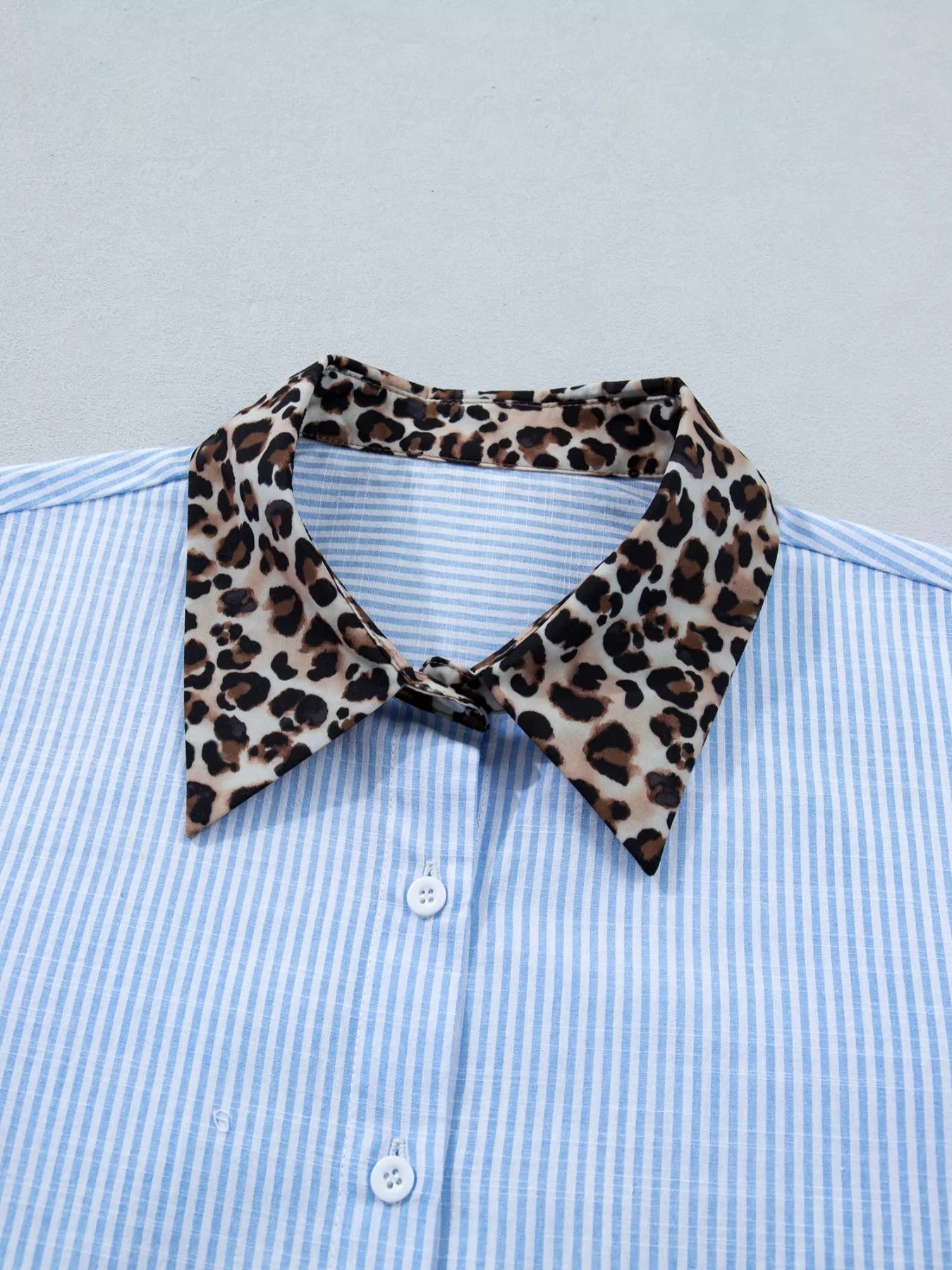 Stripe Leopard Contrast Collar Short Sleeve Shirt 