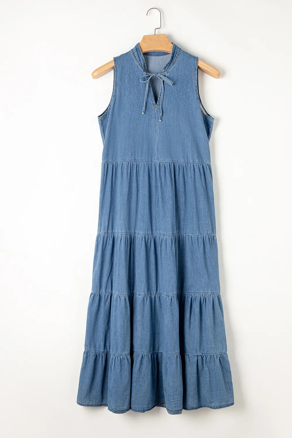 Tie Neck Tiered Maxi Denim Dress 