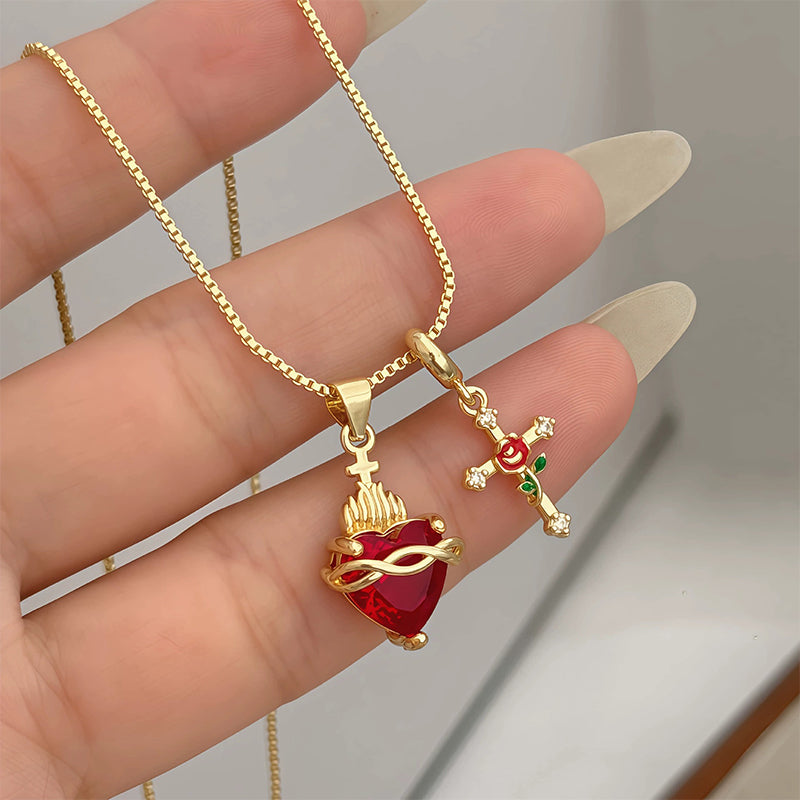 Fervor Heart Cross Pendant Necklace | Red Accent, Adjustable 16.1-19.7 In Chain 