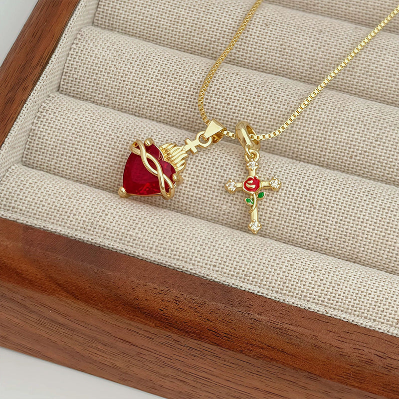 Fervor Heart Cross Pendant Necklace | Red Accent, Adjustable 16.1-19.7 In Chain 
