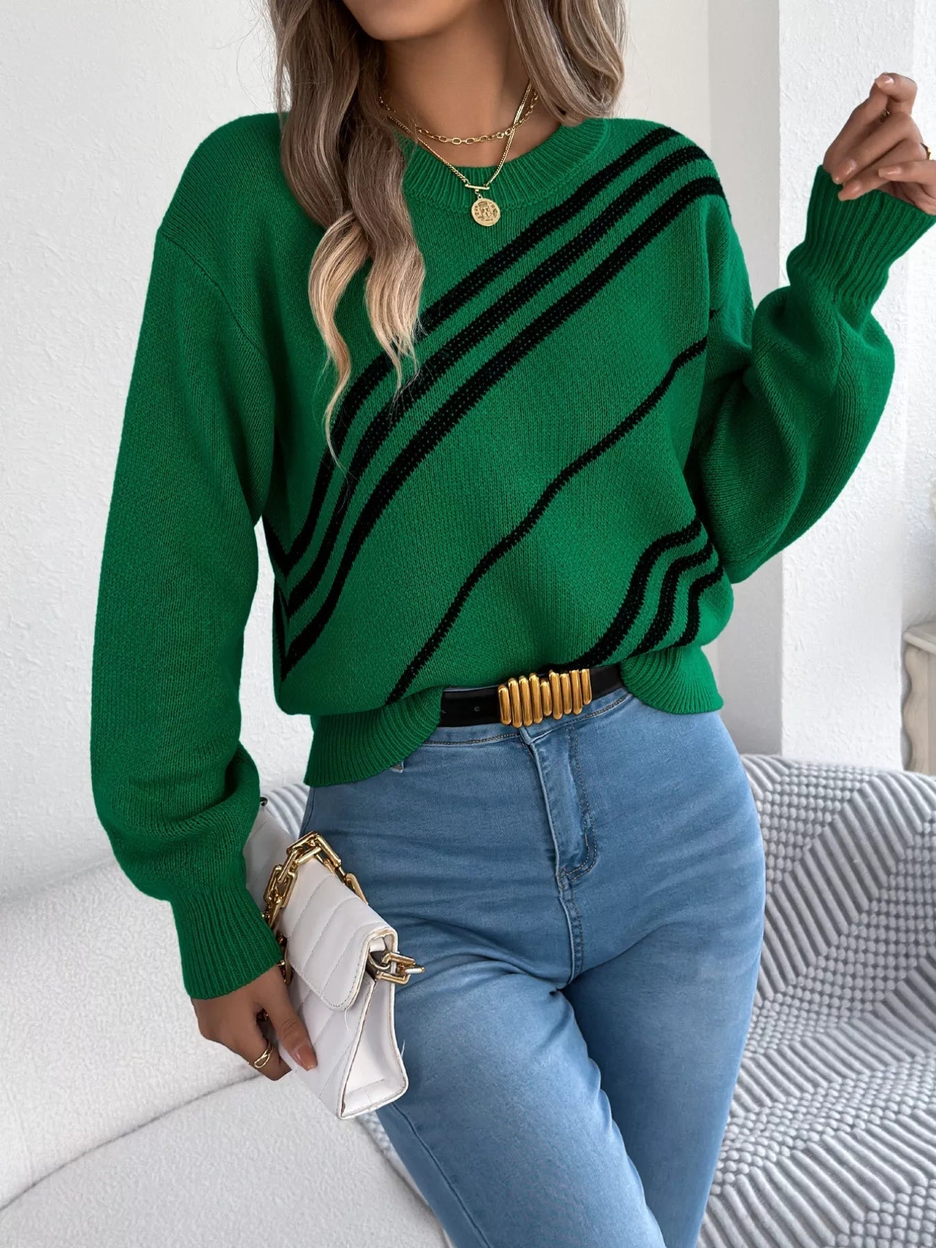 Striped Pattern Casual Round Neck Sweater 