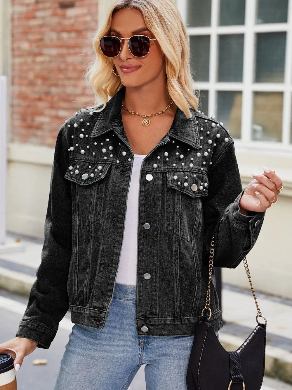 Pearl Detail Collared Neck Long Sleeve Denim Jacket 