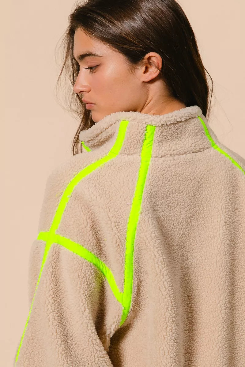 BiBi Contrast Edge Half Zip Up Sherpa Jacket 