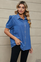Puff Sleeve Collared Denim Top 