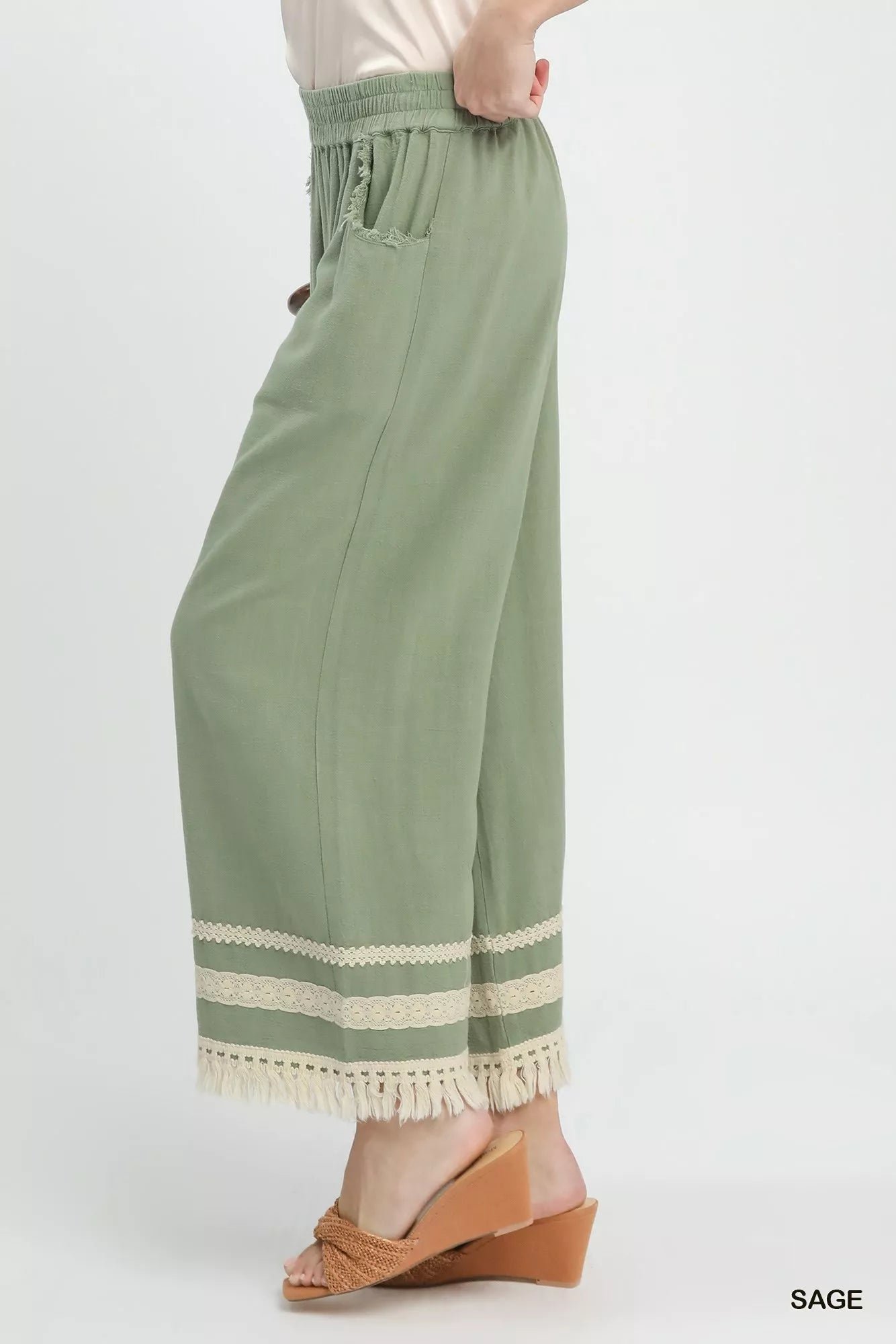 Umgee Lace Trim Fringe Hem Wide Leg Pants 