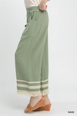 Umgee Lace Trim Fringe Hem Wide Leg Pants 