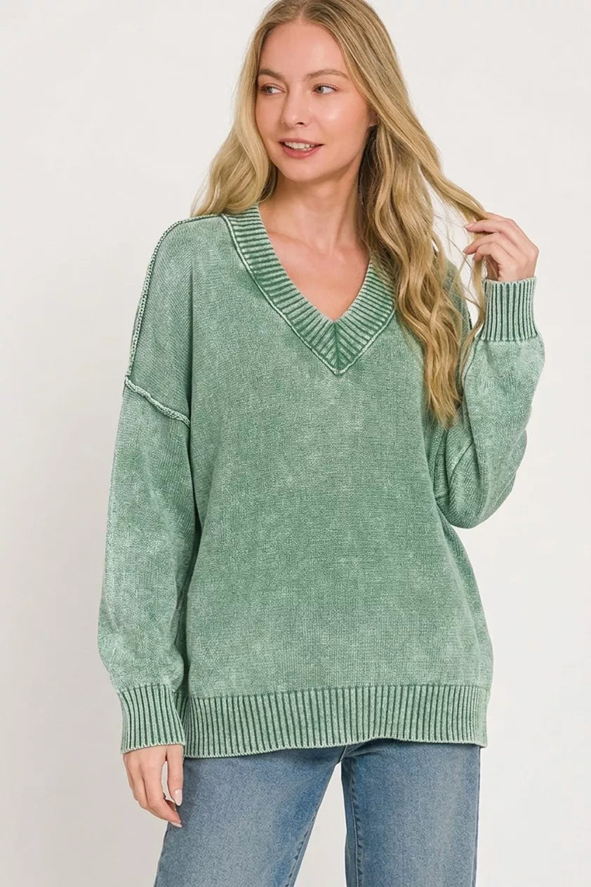 Zenana Washed Deep V-neck Oversized Sweater 