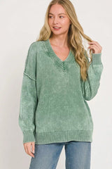 Zenana Washed Deep V-neck Oversized Sweater 