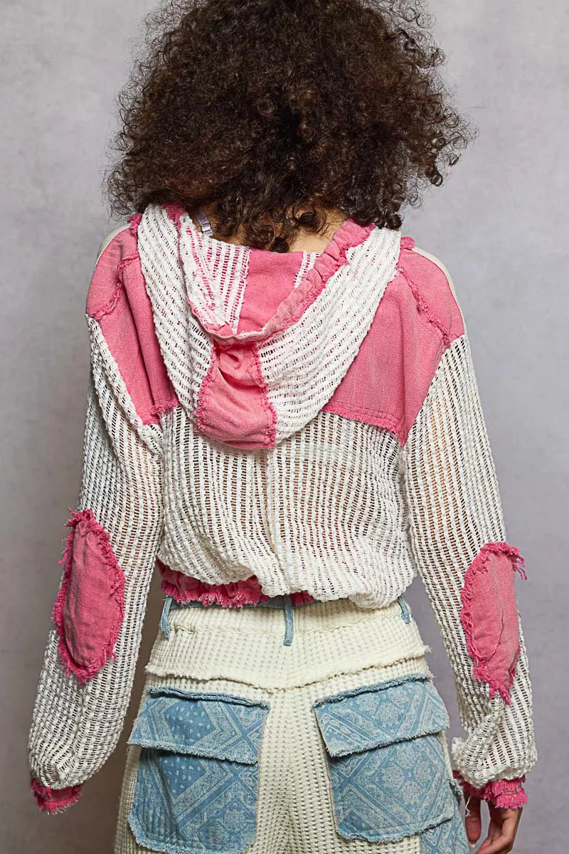 POL Texture Woven Button Down Hooded Shirt with Drawstring Hem 