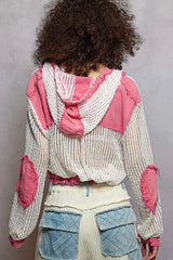 POL Texture Woven Button Down Hooded Shirt with Drawstring Hem 