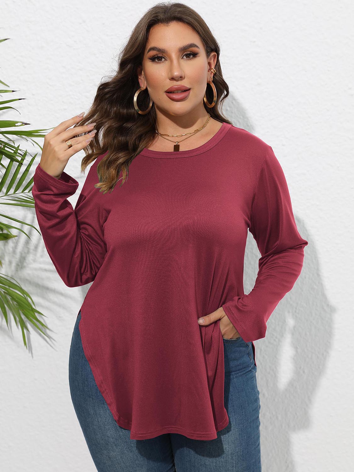 Plus Size Round Neck Long Sleeve Slit T-Shirt 