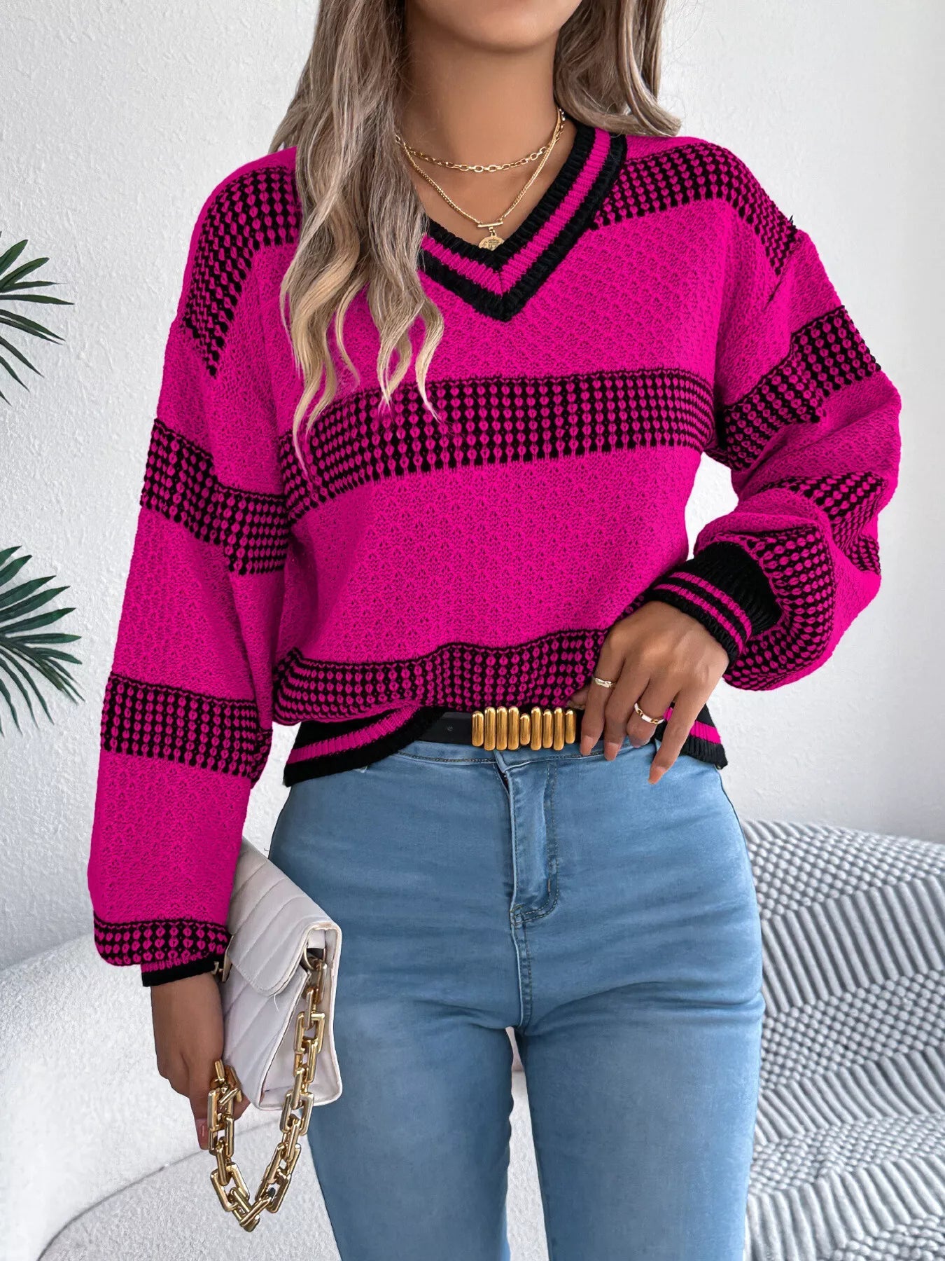 Contrast Striped V-Neck Sweater 