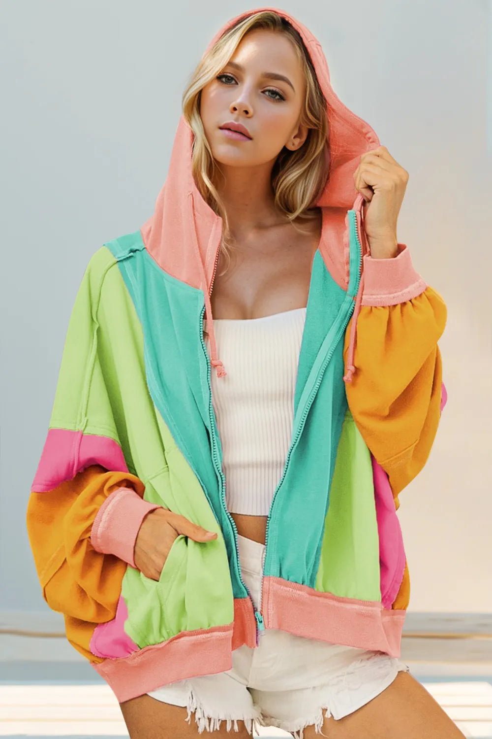 Double Take Full Size Color Block Zip Up Hoodie 
