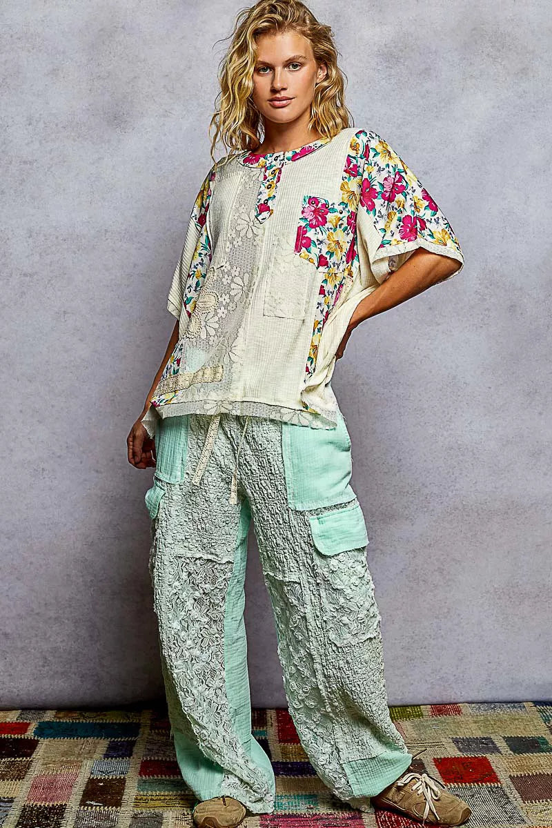 POL Lace Round Neck Short Sleeve Floral Pattern Top with Patch Detail 