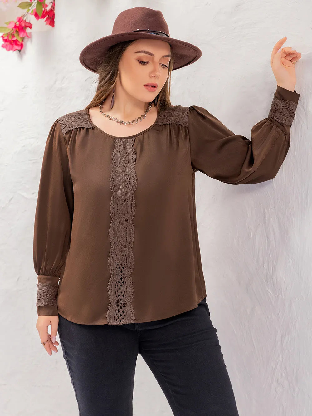 Plus Size Lace Detail Round Neck Long Sleeve Blouse 
