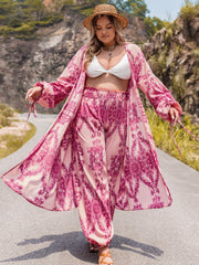 Plus Size Open Front Cardigan and Pants Set 