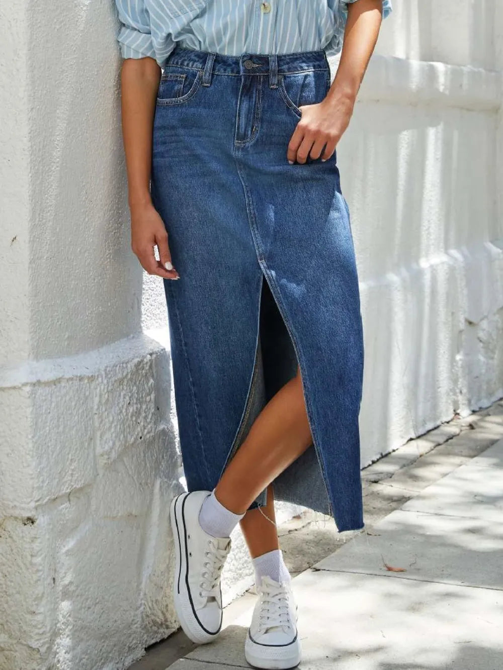 Raw Hem Front Slit Denim Midi Skirt 
