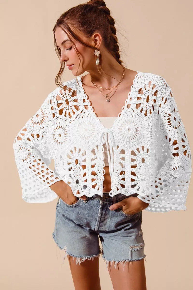 SO ME Floral Pattern Crochet Knit Tie Front Crop Cardigan 