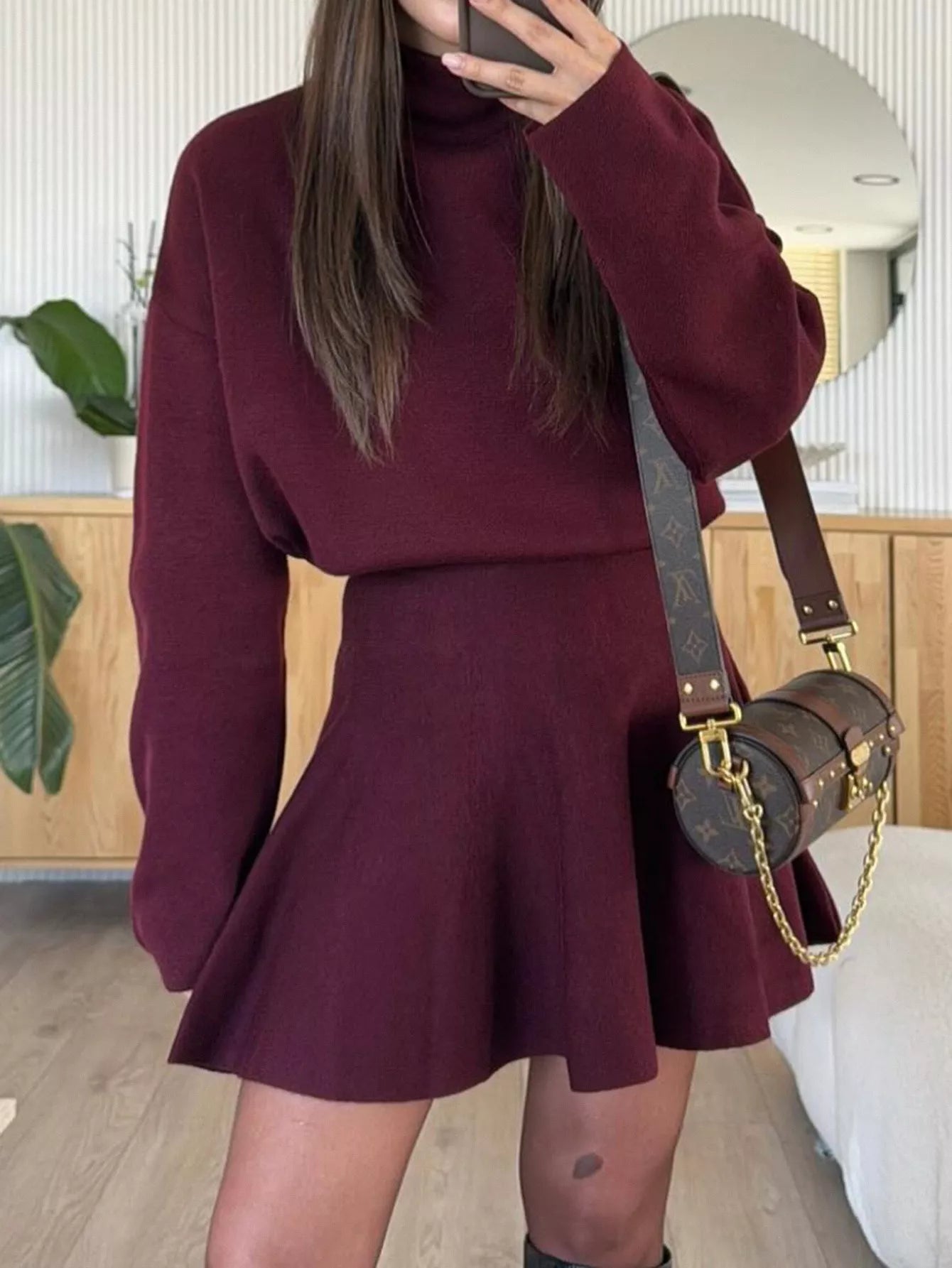 Turtleneck Dropped Shoulder Sweater and Skirt Set 