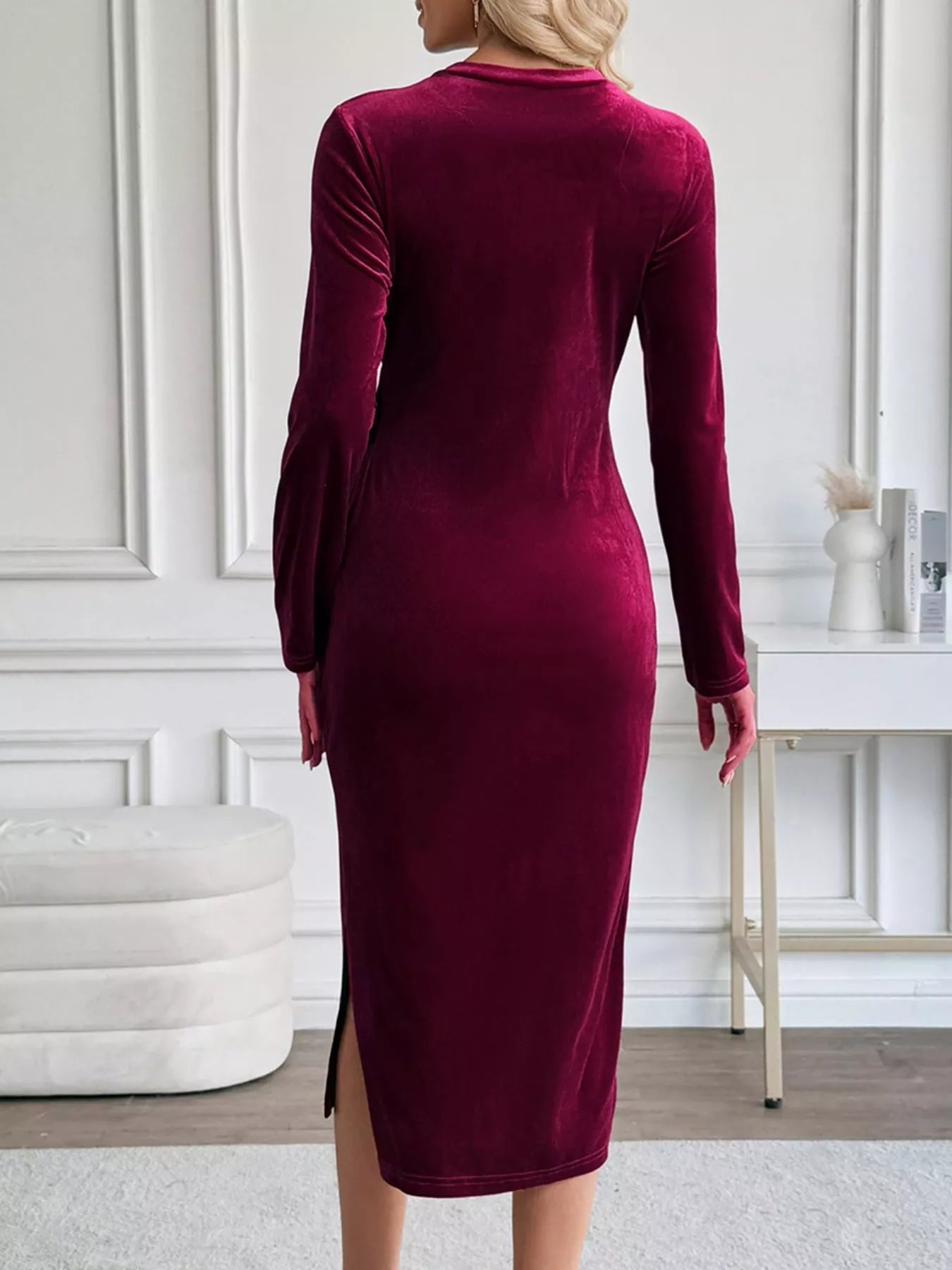 Velvet Slit Round Neck Long Sleeve Dress with Side Tie Detail 