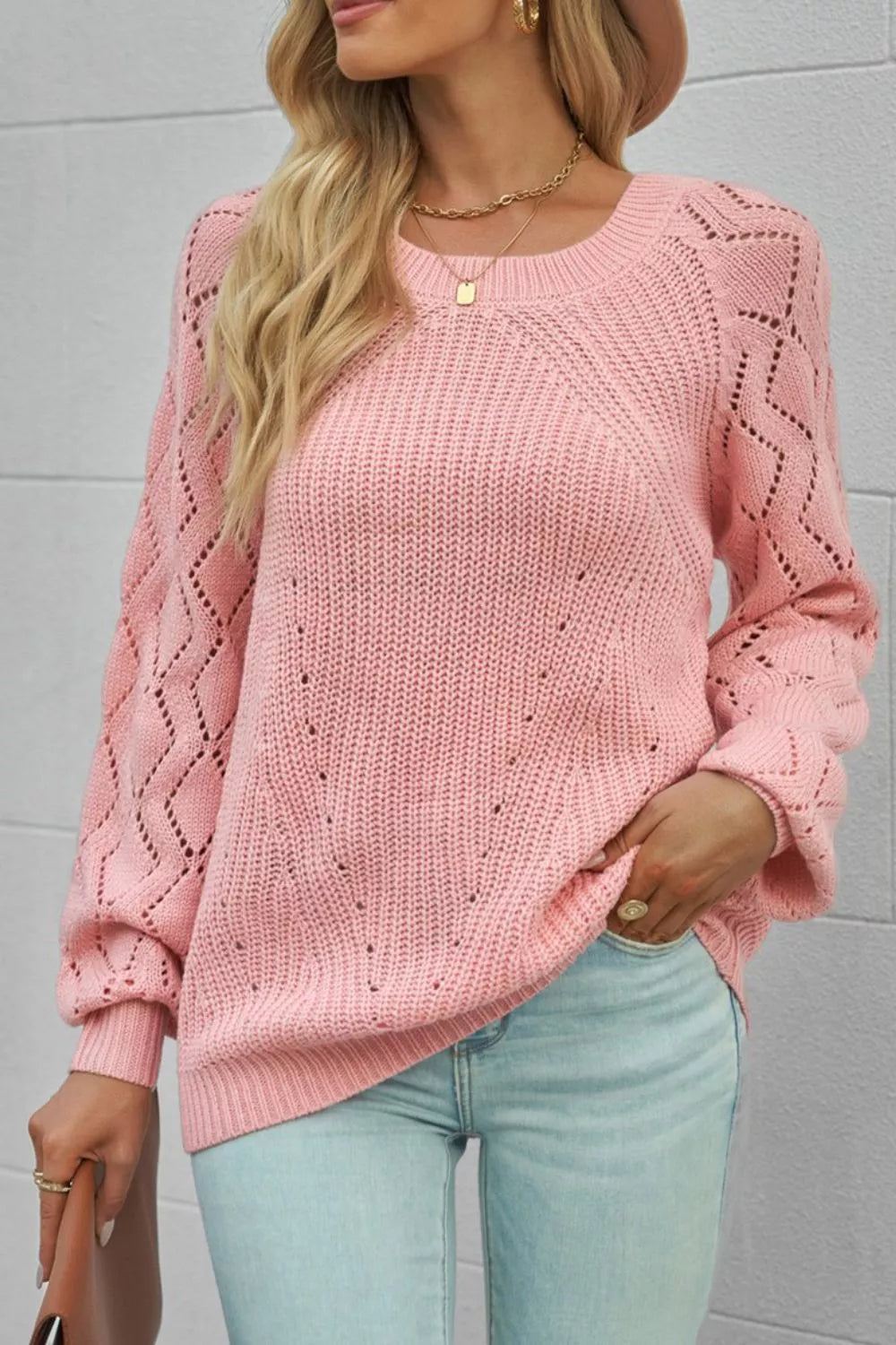 Hollow-Out Puffy Sleeve Knit Sweater 