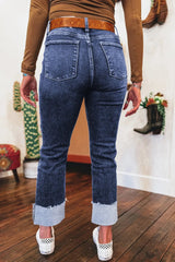 Folded Cuffs Distressed Straight High Waist Jeans 