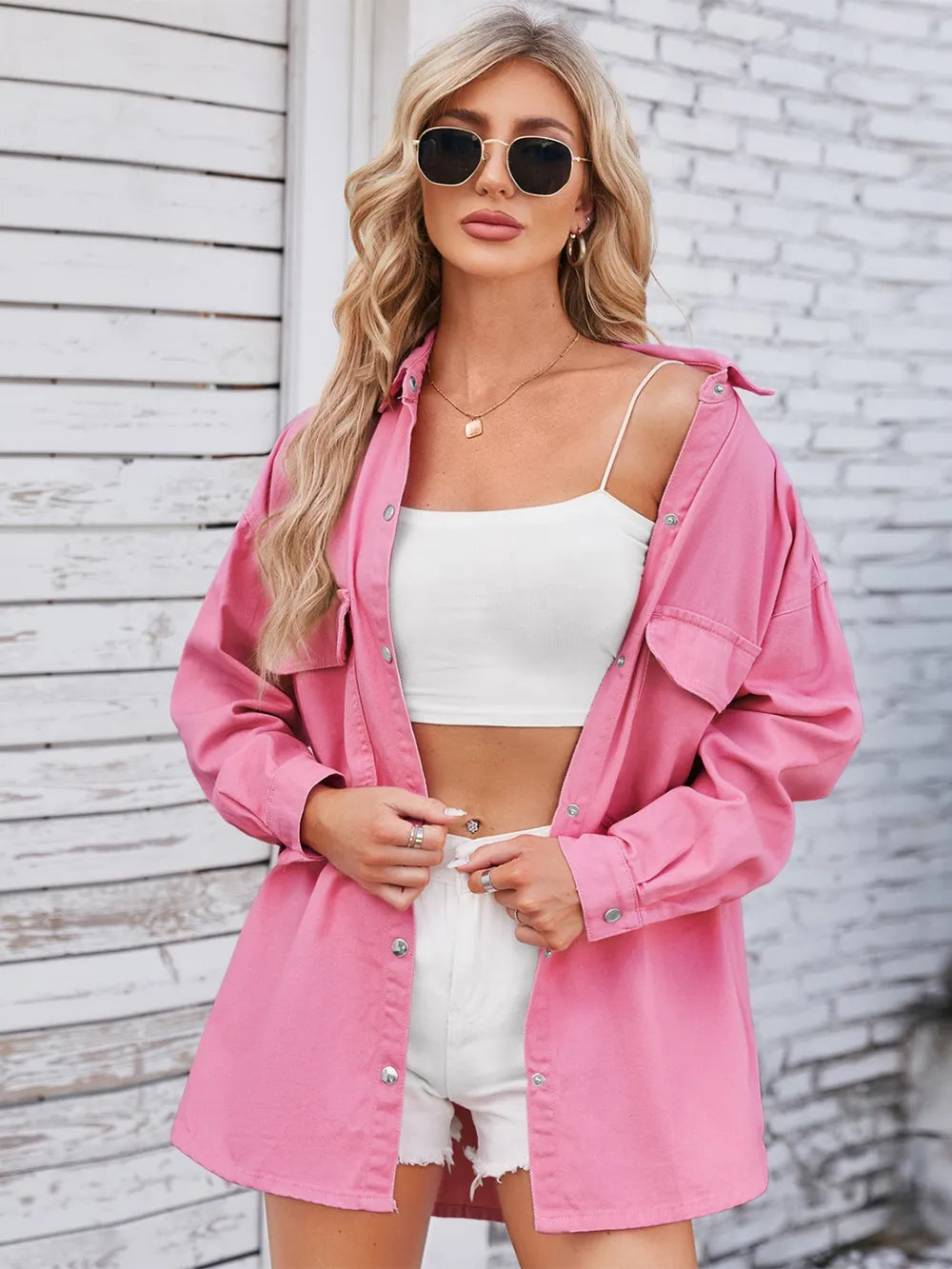 Pocketed Snap Down Dropped Shoulder Denim Shacket 
