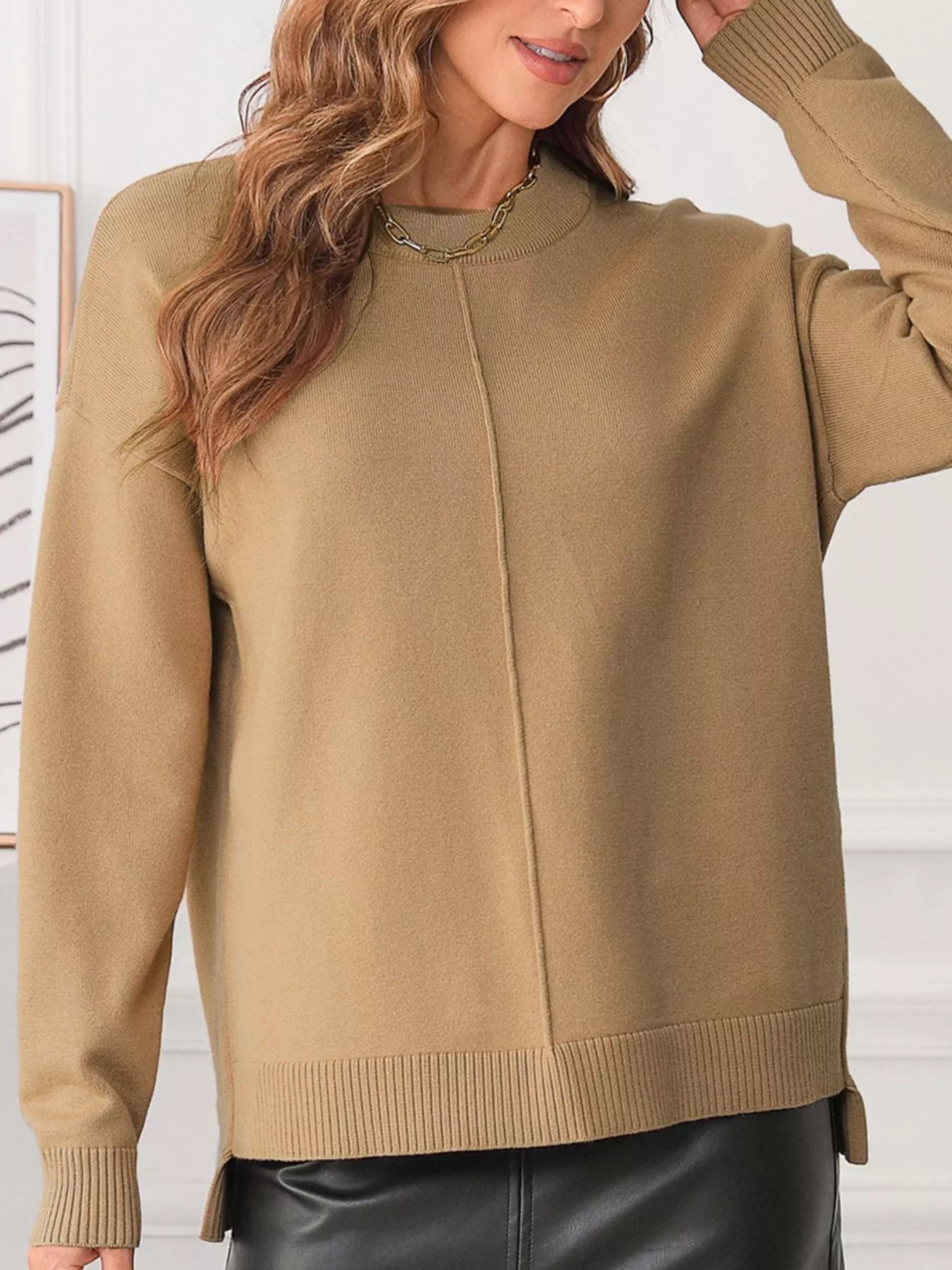 Center Seam Drop Shoulder Pullover Solid Sweater 