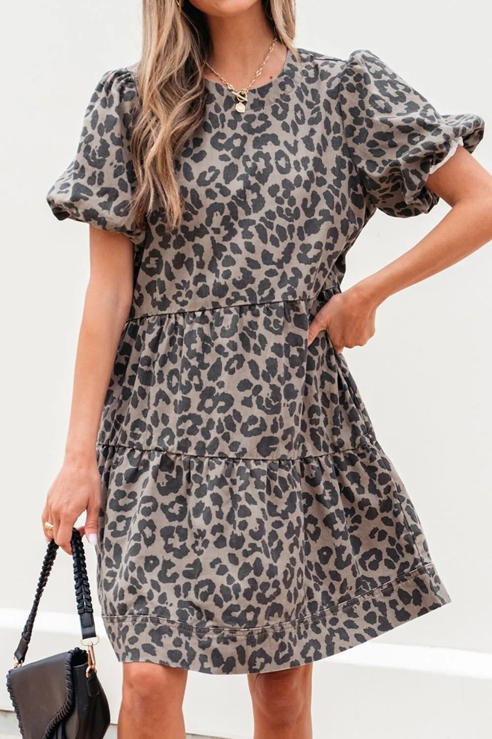 Leopard Round Neck Puff Sleeve Denim Dress 