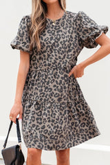 Leopard Round Neck Puff Sleeve Denim Dress 