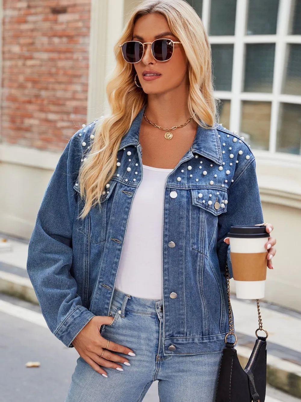 Pearl Detail Collared Neck Long Sleeve Denim Jacket 