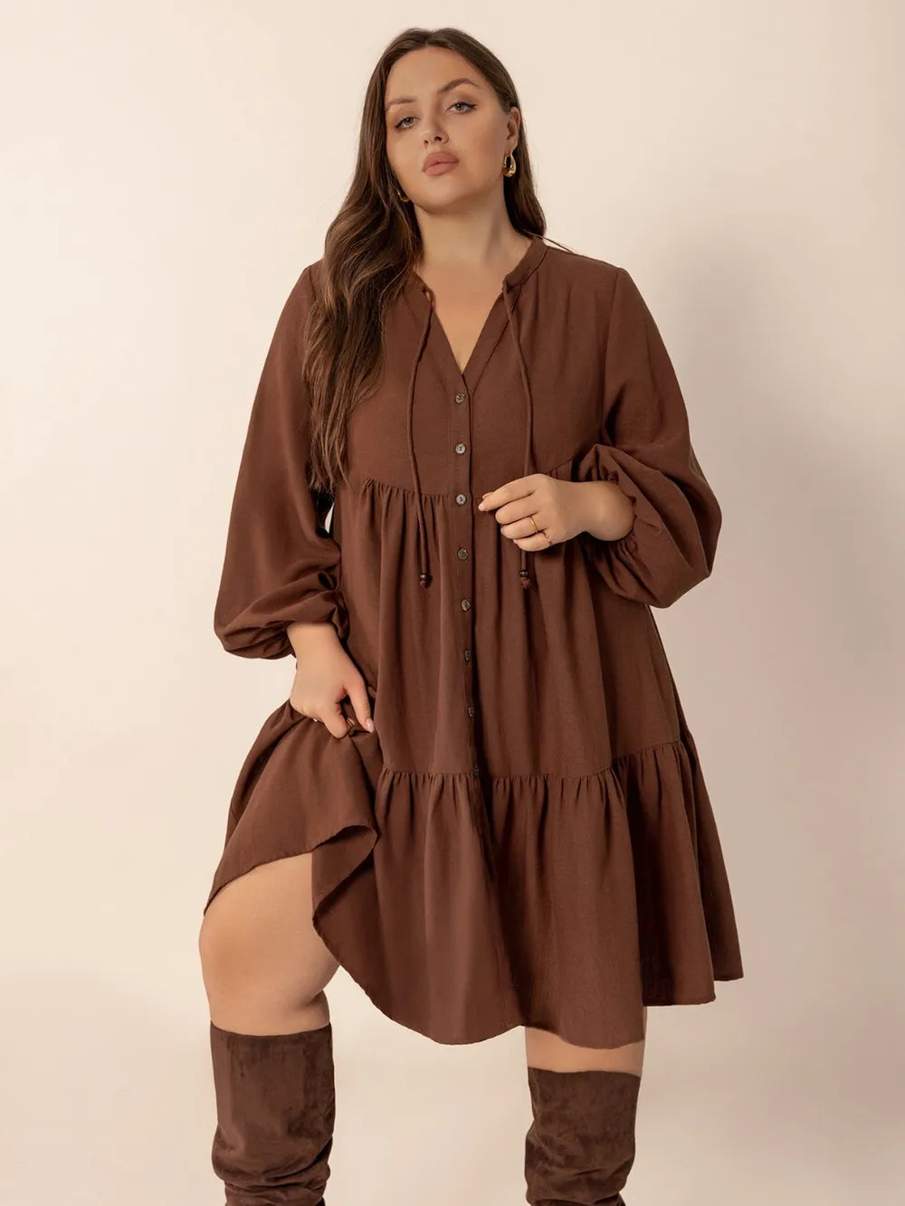 Plus Size Tie Neck Balloon Sleeve Tiered Dress 
