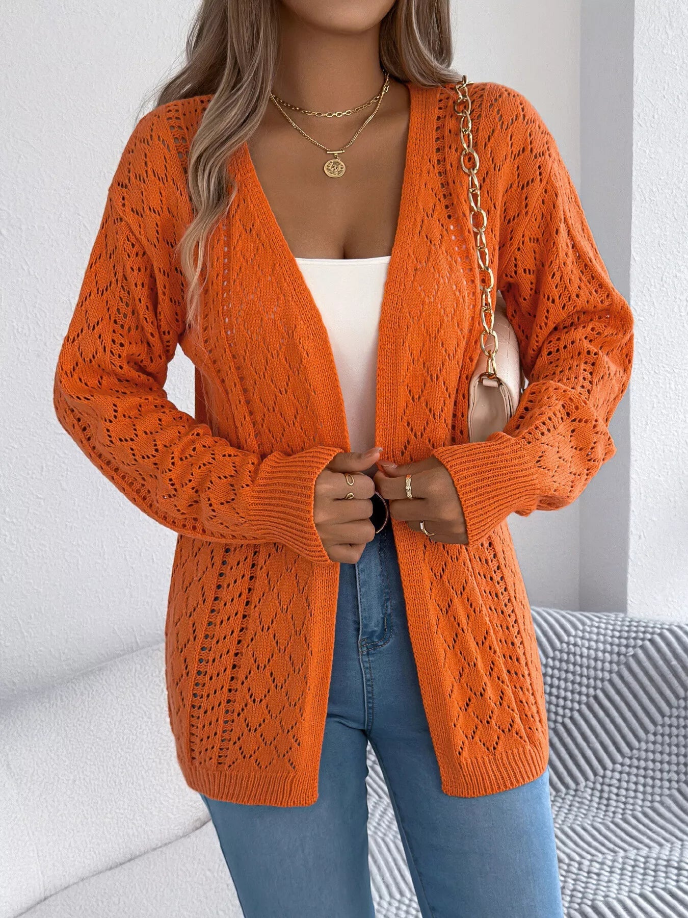 Openwork Open-Front Long Sleeve Cardigan 
